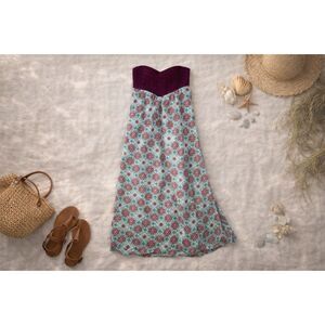 Roxy Strapless Sundress Boho Midi Turquoise Rust Beach Vacation Summer Dress